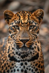 Obraz premium The Predator's Stare: An Indian Leopard's Intense Eyes and Detailed Fur, Captured Up Close in Its Rocky, Vegetated Habitat.
