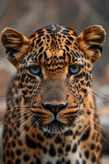 Fototapeta premium Intense Gaze in the Wild: Close-Up of an Indian Leopard with Spotted Fur, Set Against Rocky Terrain and Sparse Vegetation.