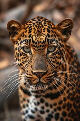 Obraz premium Leopard's Watchful Eyes: A Detailed Portrait of an Indian Leopard, Whiskers and Spots Against Its Natural Rocky Habitat.