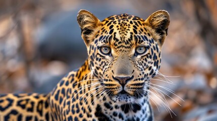 Leopard's Watchful Eyes: A Detailed Portrait of an Indian Leopard, Whiskers and Spots Against Its Natural Rocky Habitat.