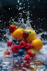 Fresh fruits with a sharp focus, enhanced by splashes of water.