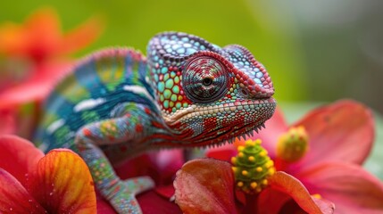 Obraz premium Vivid Encounter: Chameleon on Flower with Colorful Skin and Piercing Eye Gaze, Surrounded by a Burst of Floral Reds and Greens.