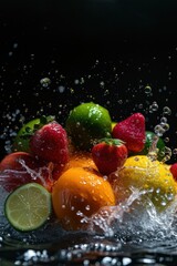 Clear and focused shot showcasing a splash of water on fresh fruits.