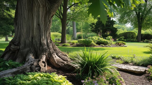 a tree trunk as a focal point in outdoor landscaping, blending seamlessly with the surrounding greenery.