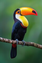 Obraz premium Side-Glancing Toucan: Striking Color Bands on Feathers, Balanced on a Bent Branch, With the Dense Rainforest Blurring into Green.