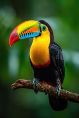 Side-Glancing Toucan: Striking Color Bands on Feathers, Balanced on a Bent Branch, With the Dense Rainforest Blurring into Green.