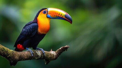 Fototapeta premium Curious Gaze: Vibrant Toucan of the Rainforest Perched on a Curved Branch, Distinct Plumage Highlighted Against a Blurred Green Backdrop.