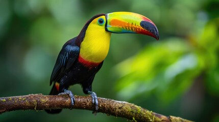 Naklejka premium Rainforest Jewel: A Toucan with Colorful Sections of Plumage, Poised Gracefully on a Curved Branch, Eyes Cast Sideways Amid Dense Greenery.