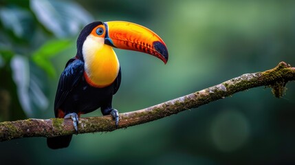 Fototapeta premium Rainforest Jewel: A Toucan with Colorful Sections of Plumage, Poised Gracefully on a Curved Branch, Eyes Cast Sideways Amid Dense Greenery.