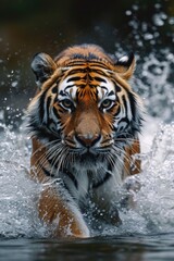 Fototapeta na wymiar Majestic Tiger's Aquatic Dance: Intense Gaze Amidst Splashes, Showcasing Strength and Grace in Every Wet Fur Detail.