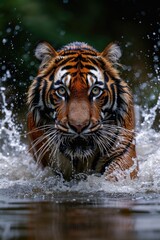 Fototapeta na wymiar Majestic Tiger's Aquatic Dance: Intense Gaze Amidst Splashes, Showcasing Strength and Grace in Every Wet Fur Detail.