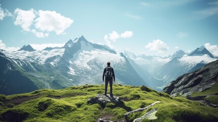 Man standing on top of a lush green hillside.