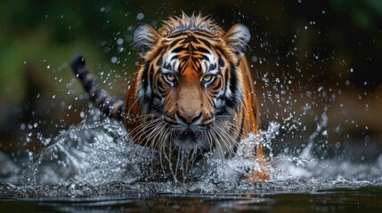 Power Through the Waters: A Tiger's Dynamic Splash, Wet Fur Patterned and Eyes Focused, Surrounded by Rippling Waves.