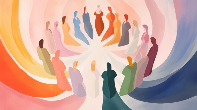 Abstract harmony: a circle of standing women, a visual representation of unity and collective strength.