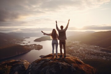 Man and woman standing on top of a mountain.