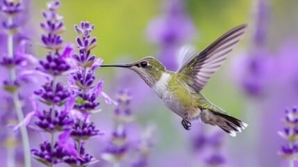 Naklejka premium Ethereal Hover: Green Feathered Hummingbird Nears Purple Flowers, Motion Captured with Soft Bokeh Enhancing Its Brilliance.