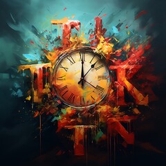 An artistically rendered clock bursts with vibrant colors and abstract forms, symbolizing chaos and the passage of time.