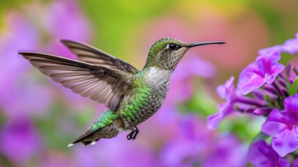 Fototapeta premium Delicate Dance in Nature: A Hummingbird with Vibrant Green Plumage Approaching Purple Blossoms, Soft-Focus Background Highlighting Its Colors.