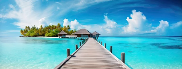 Fotobehang Turquoise Pier Leading to Small Island in the Ocean
