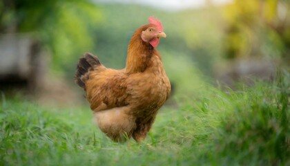 Naklejka na ściany i meble A hen chicken standing in the grass, farm animal