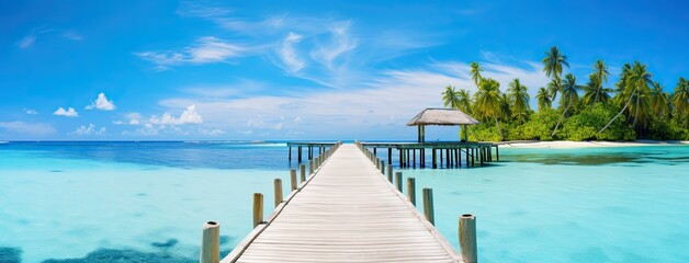 Dock leading to tropical island with palm trees.
