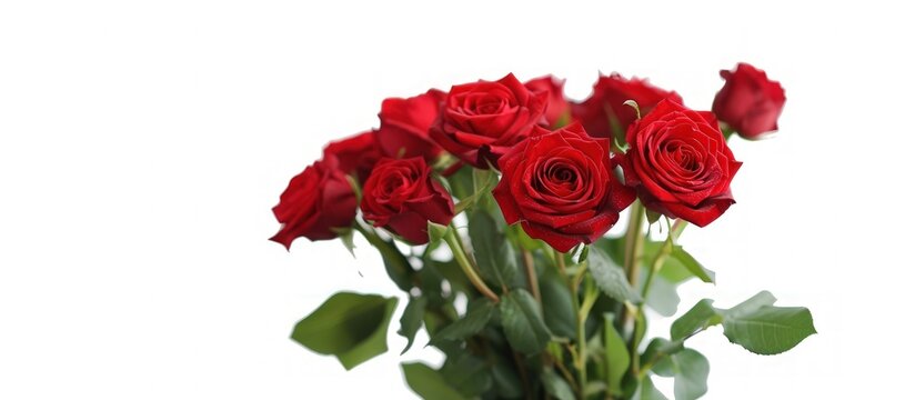 Beautiful fresh red rose flowers with leaves isolated on white background. AI generated image