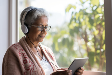 A middle-aged Asian woman wearing headphones uses a tablet at home. - obrazy, fototapety, plakaty