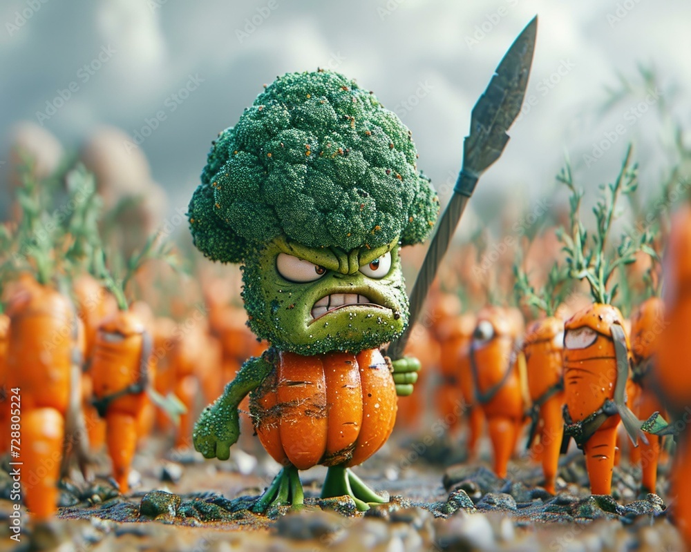 Poster a cartoon broccoli character with a sword. generative ai.
