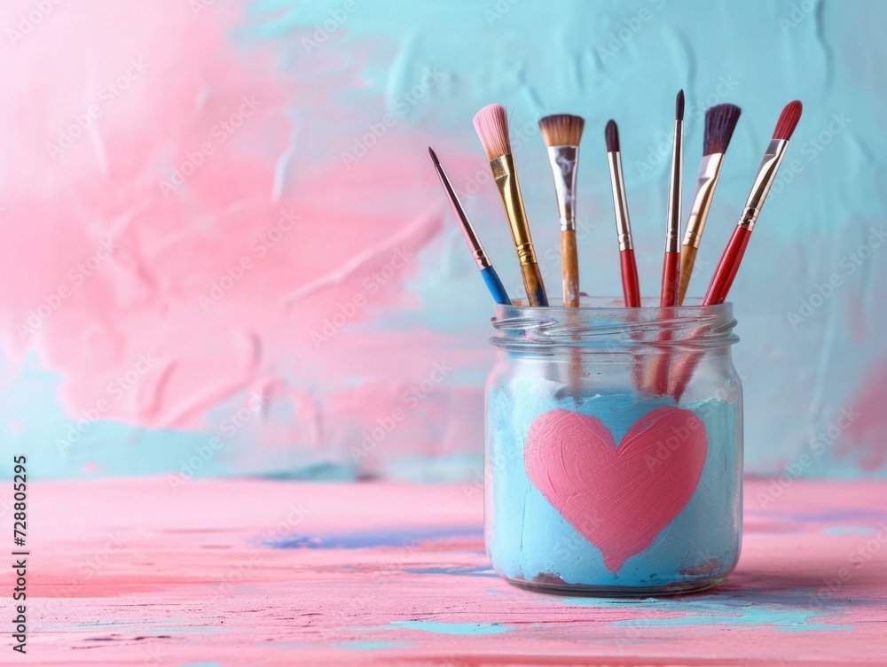 Poster paint brushes in a jar with heart painted on it. generative ai.