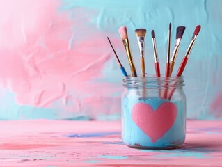 Paint brushes in a jar with heart painted on it. Generative AI. - Powered by Adobe