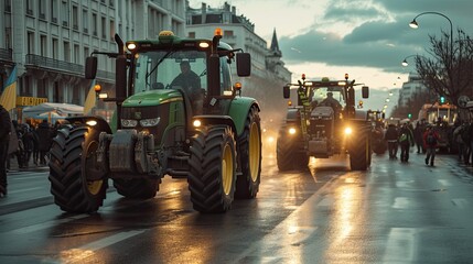 farmers gather in the city with their modern tractors during a strike, highlighting the clash of agricultural livelihoods against urban landscapes.