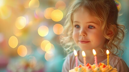 Fototapeta premium A little girl with birthday candles on her cake. 4th birthday. Generative AI.