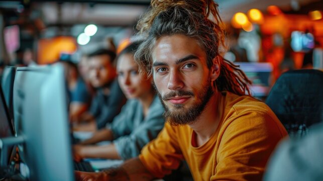 A man with dreadlocks is sitting at a computer in an office. Generative AI.
