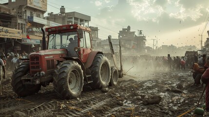 Fototapeta premium farmers gather in the city with their modern tractors during a strike, highlighting the clash of agricultural livelihoods against urban landscapes.