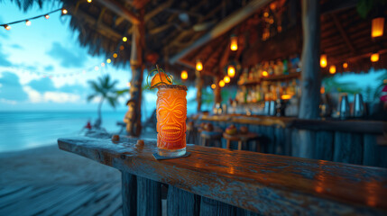 A delicious tropical tiki drink sits in the foreground, in the background is a beachfront tiki bar - obrazy, fototapety, plakaty