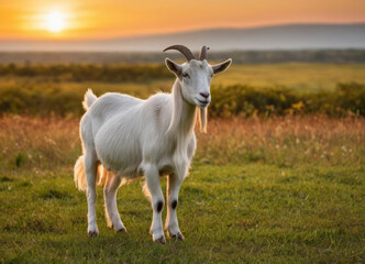 Naklejka na ściany i meble A goat stands in a field at sunset, during the golden hour.