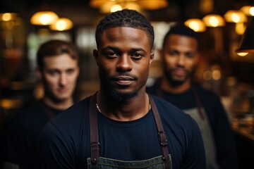 Obraz premium Team Inspiration: The Black Chef Stands Before His Team, Igniting Their Passion for Cooking and Nurturing a Culture of Excellence
