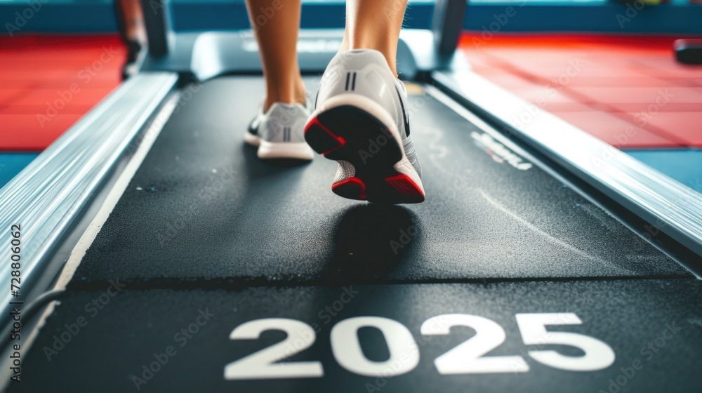 Poster a person walking on a treadmill with the number 2025 on it. generative ai.