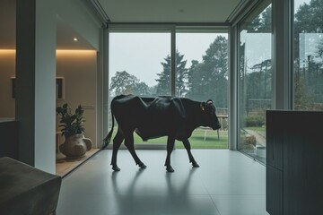 A cow standing in front of a large glass door. Generative AI. - Powered by Adobe