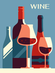 Poster with wine concept. Bottles with alcoholic drinks and glass. Beverage and tasty liquid. Menu for cafe or restaurant. Template and layout. Cartoon flat vector illustration