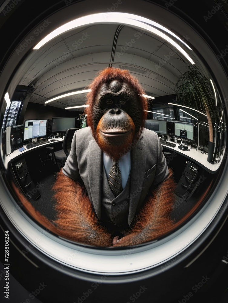 Poster a man in a suit and tie looking through a circular mirror. generative ai.