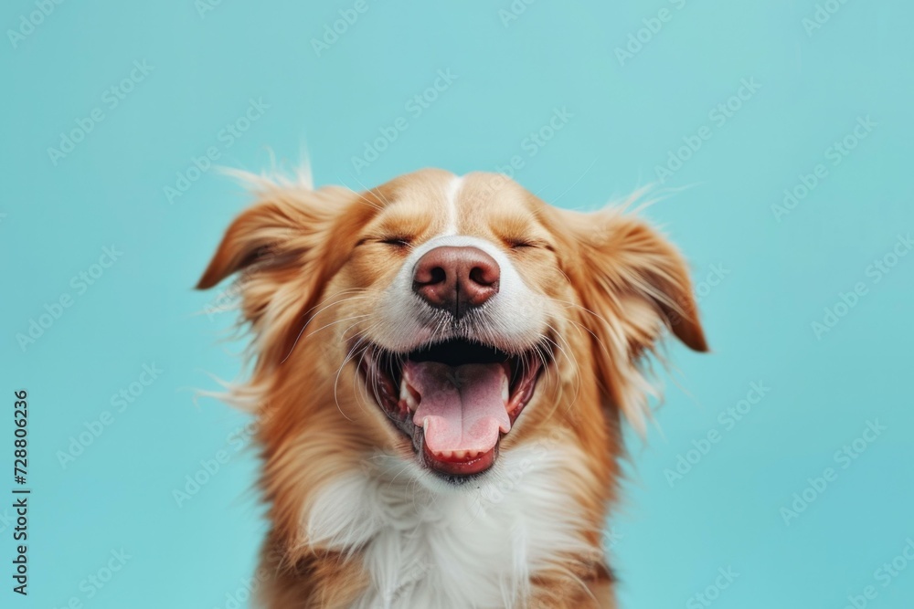 Poster a dog is smiling and laughing in front of a blue background. generative ai.