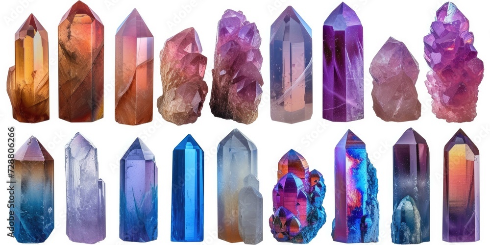Poster a collection of different colored crystals. generative ai.