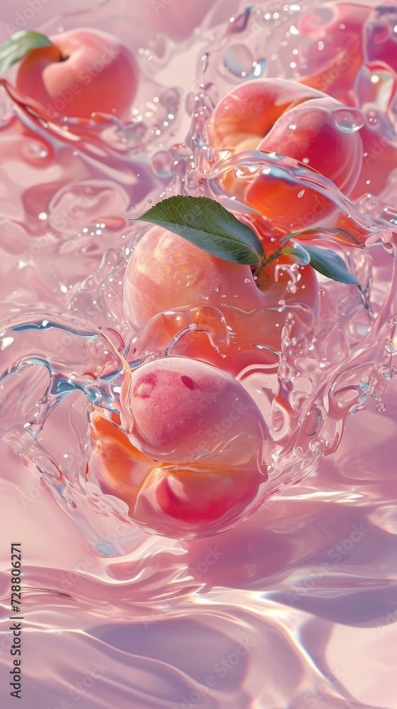 Wall mural Peaches in water with a leaf on top. Generative AI.