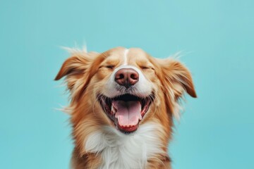 A dog is smiling and laughing in front of a blue background. Generative AI.