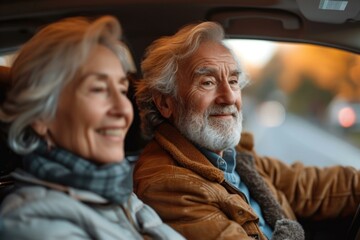 An older couple driving in a car. Generative AI.