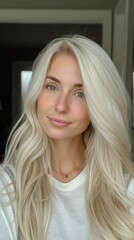 A woman with long blonde hair and a white shirt. Generative AI.