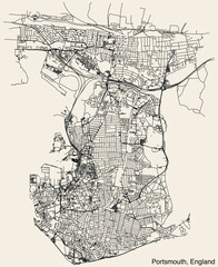 Detailed hand-drawn navigational urban street roads map of the United Kingdom city township of PORTSMOUTH, ENGLAND with vivid road lines and name tag on solid background