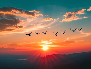 Obraz premium birds flying in a V-formation across a stunning sunset, symbolizing unity and freedom in the natural world
