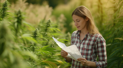 Young Caucasian woman holds documents to examine marijuana plants in outdoor farm.